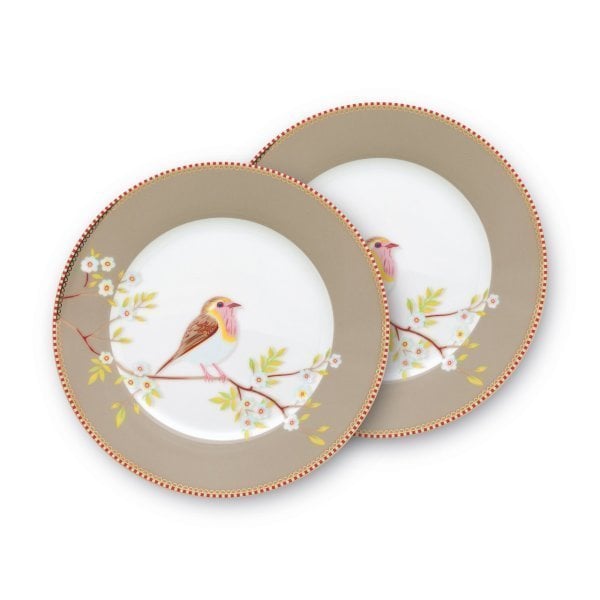 Haki Kuşlu Tabak ikili Floral 21 CM -Hediye Kutulu